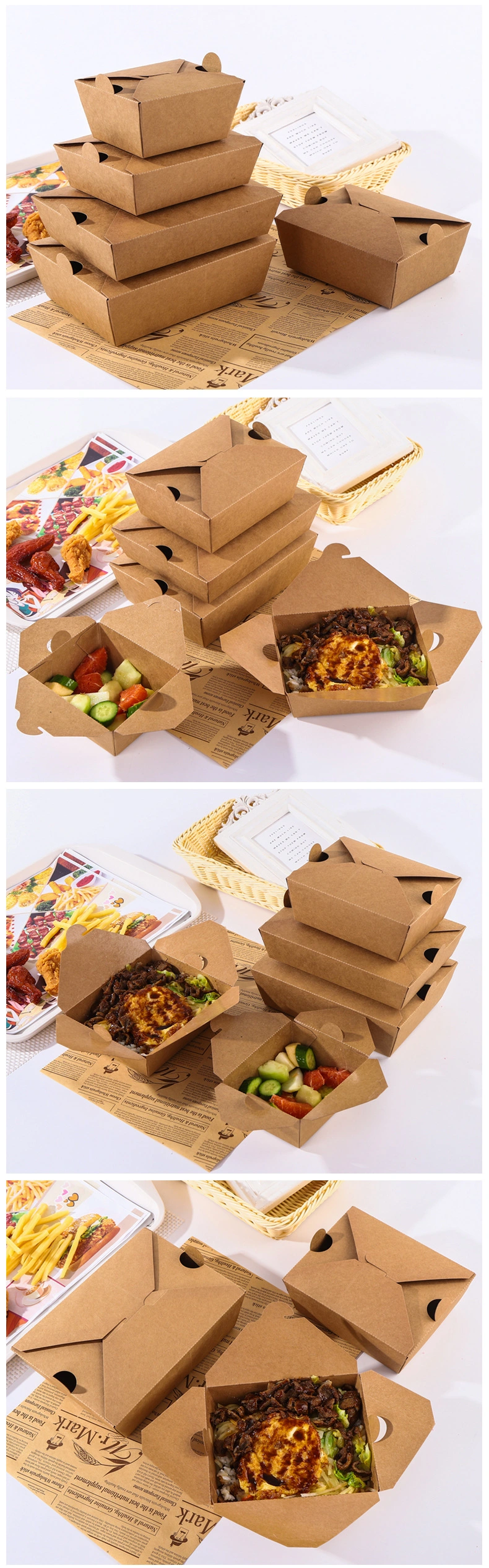 Custom Printed Eco Biodegradable Fried Chicken French Fries Hamburger to Go Takeaway Food Packaging Brown Craft Paper Box